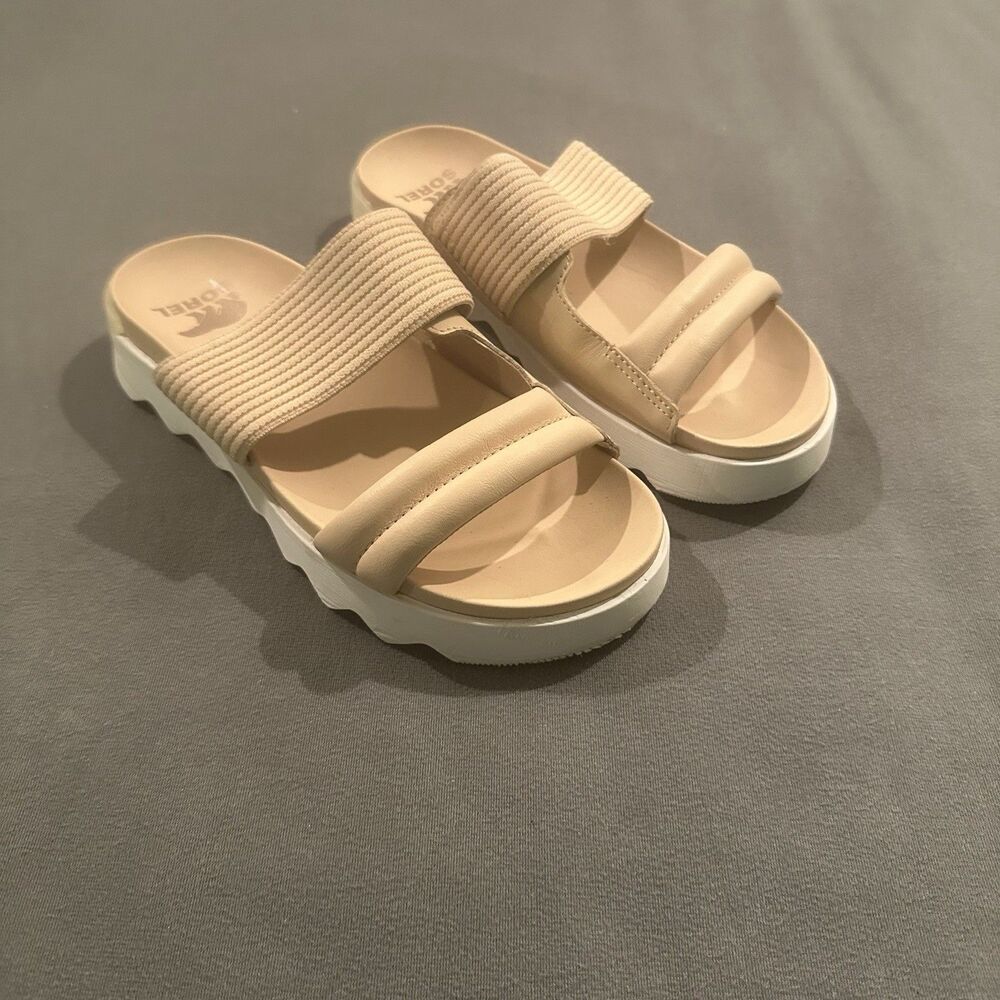 Sorel Viibe Slide Sandals Womens 10 Leather Slip On Puffy Platform Beige